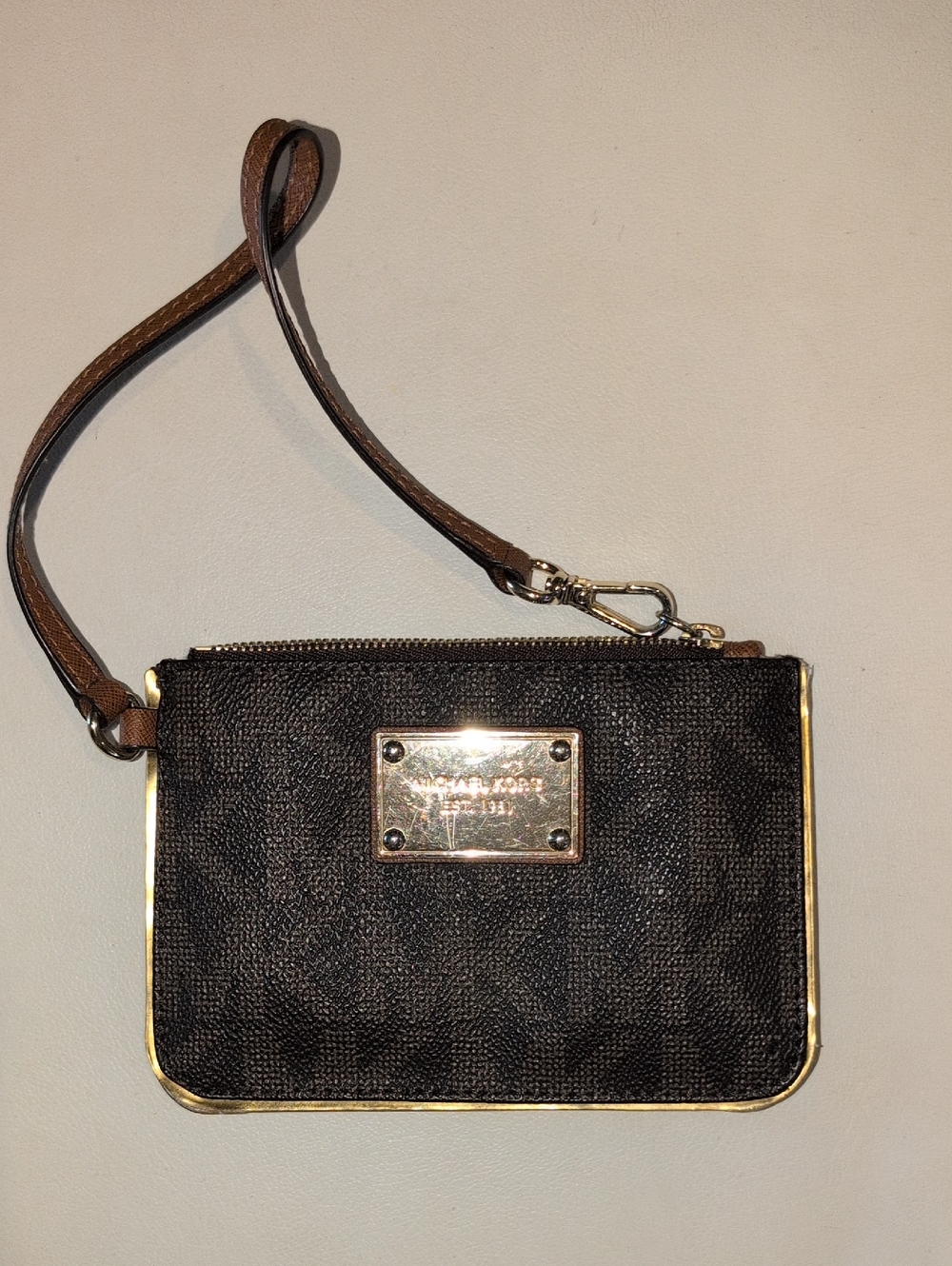 Michael Kors Brown and Black Signature Wristlet with Gold Trim